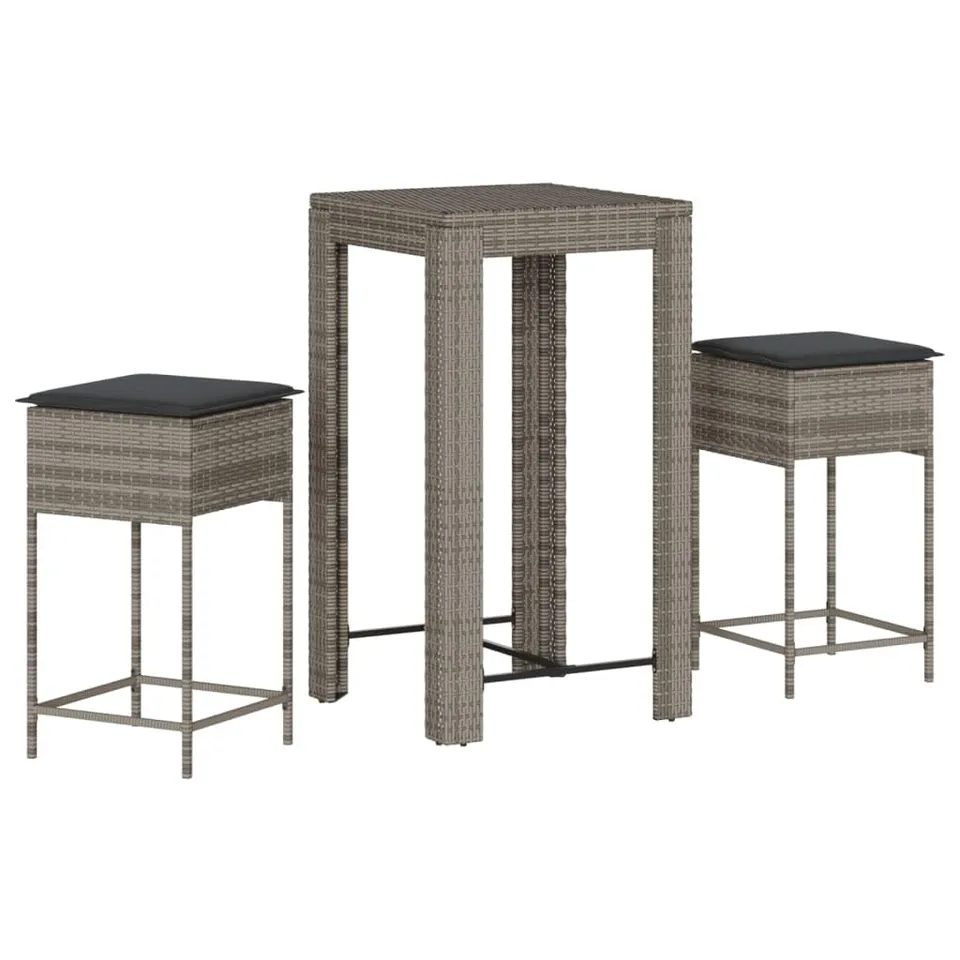 vidaXL Gartenbar Set 3-TLG Poly Rattan Grau mit Kissen