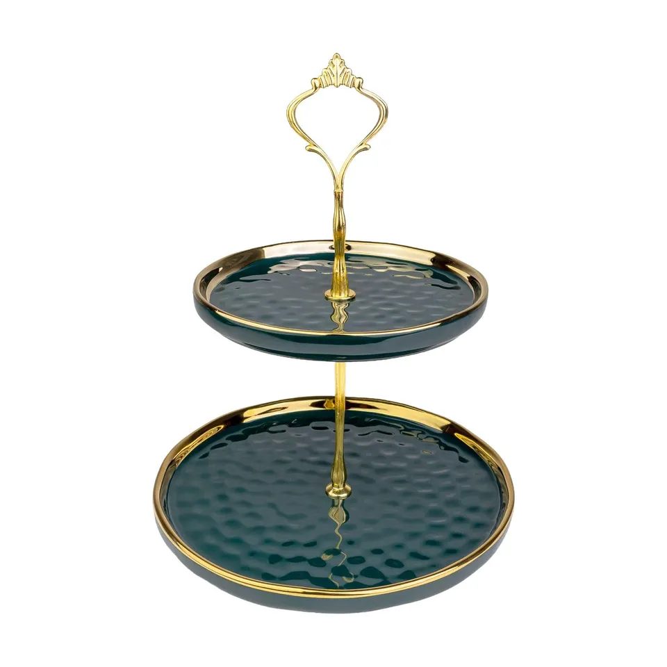 Intirilife Etagere Porzellan 2 Etagen Grün Gold 24,5 cm