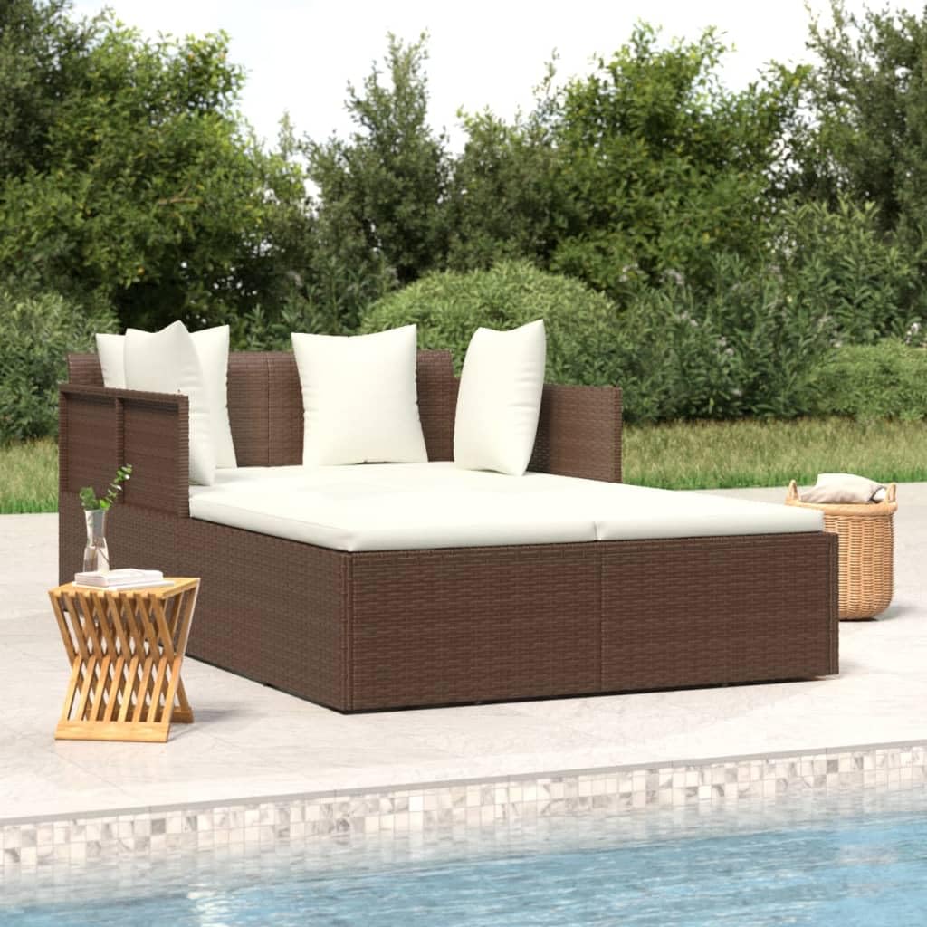 vidaXL Sonnenliege Braun Poly Rattan 182 cm mit Kissen