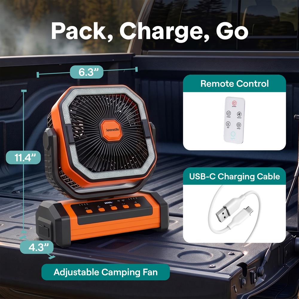 Serenelife Camping Tischventilator 20000mAh Orange mit LED
