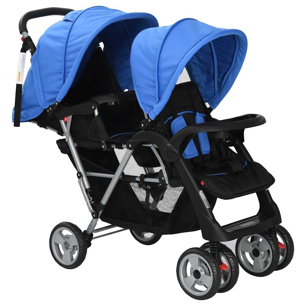 vidaXL Baby Tandem-Kinderwagen Stahl Blau für 2 Kinder