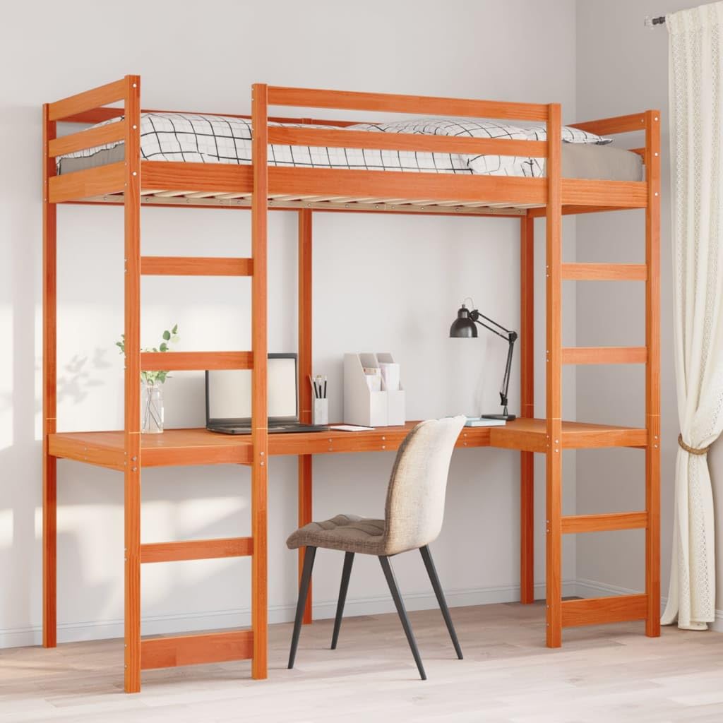 vidaXL Möbel Hochbett 80x200 wachsbraun Kiefer mit Schreibtisch