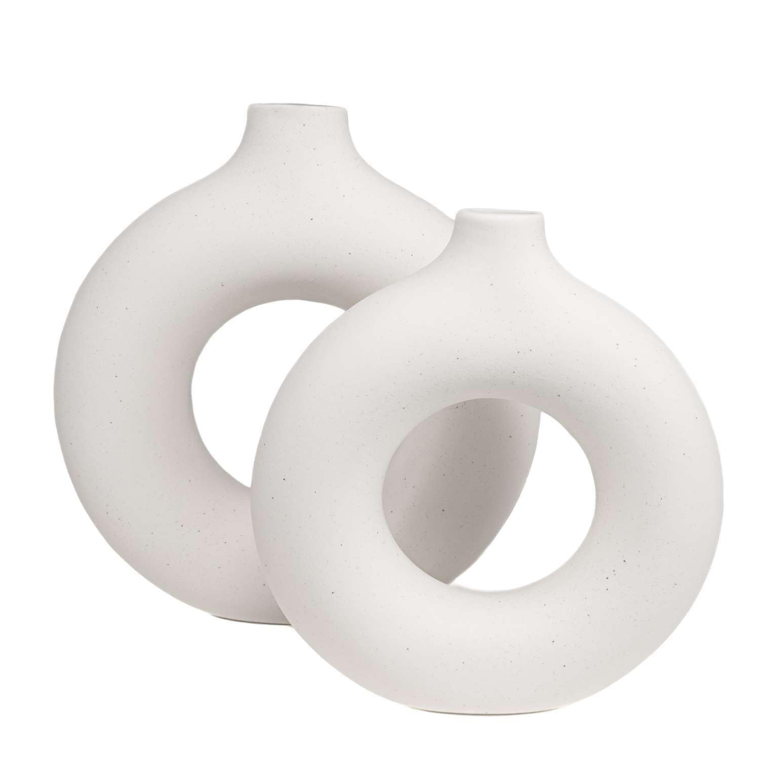 Intirilife Vasen Set 2-teilig Weiß Keramik rund Donut 23 cm