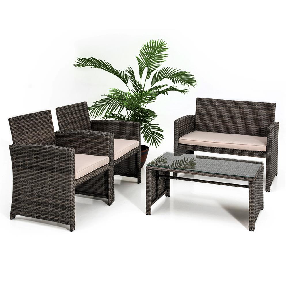 Serenelife Rattan Sitzgruppe 4-teilig Braun Beige Kissen Glastisch