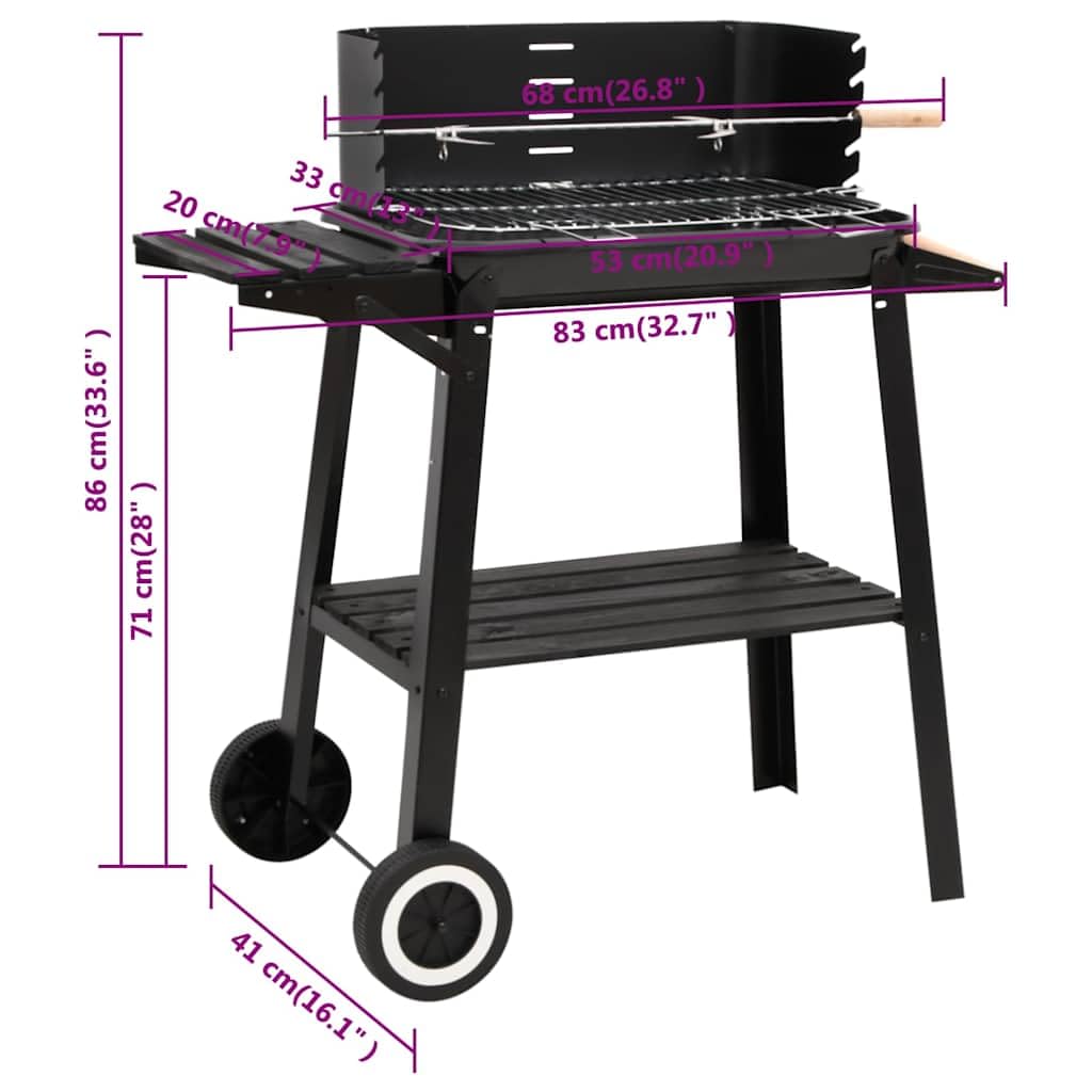 vidaXL Holzkohlegrill mit Rädern Schwarz Stahl höhenverstellbar