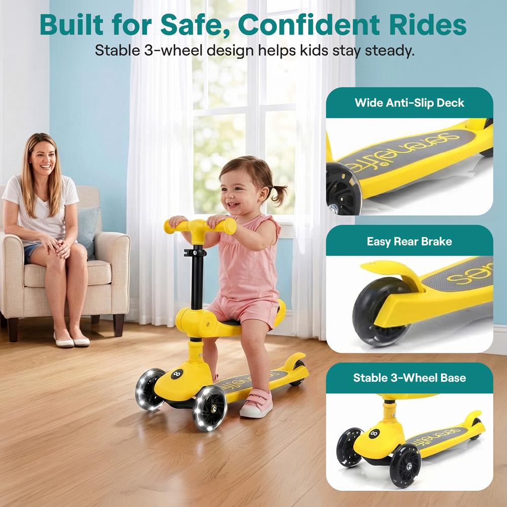 Serenelife Scooters Kinderroller 3 Räder gelb LED mit Sitz