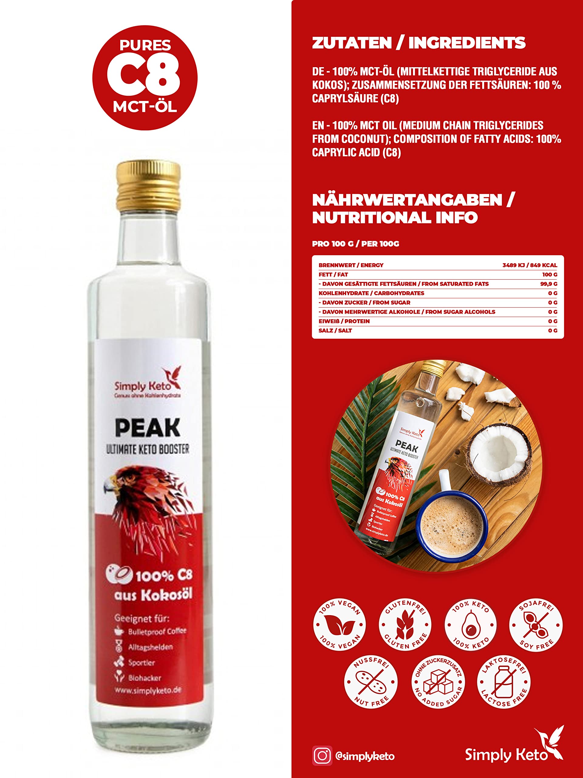 Simply Keto Peak C8 MCT Öl 500ml Kokos geschmacksneutral