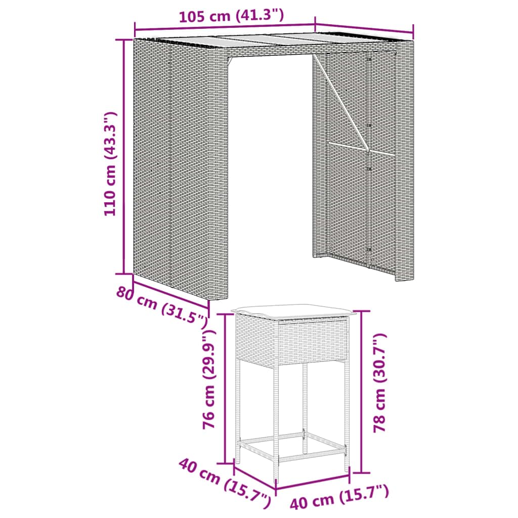 vidaXL Gartenbar-Set 5-tlg Schwarz Poly Rattan Akazie