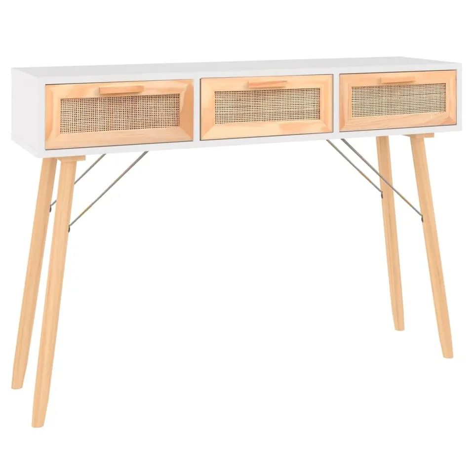 vidaXL Konsolentisch Weiß 105x30x75 Kiefer Rattan 3 Schubladen