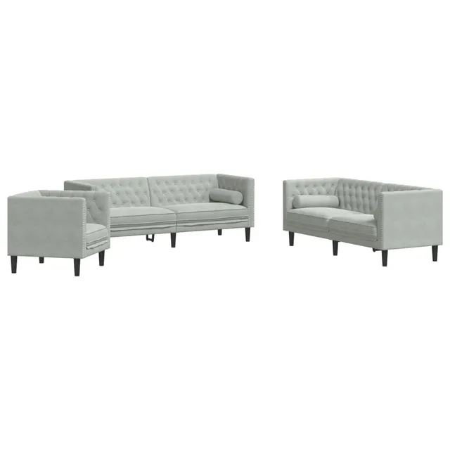 vidaXL Möbel Chesterfield Sofa-Set Hellgrau Samt 3-TLG. Nackenrollen