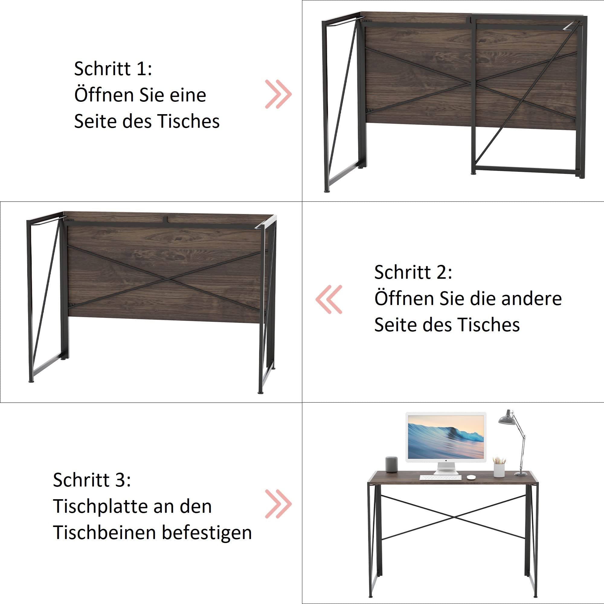 Intirilife Schreibtisch 100x50x75cm Holz Metall faltbar braun