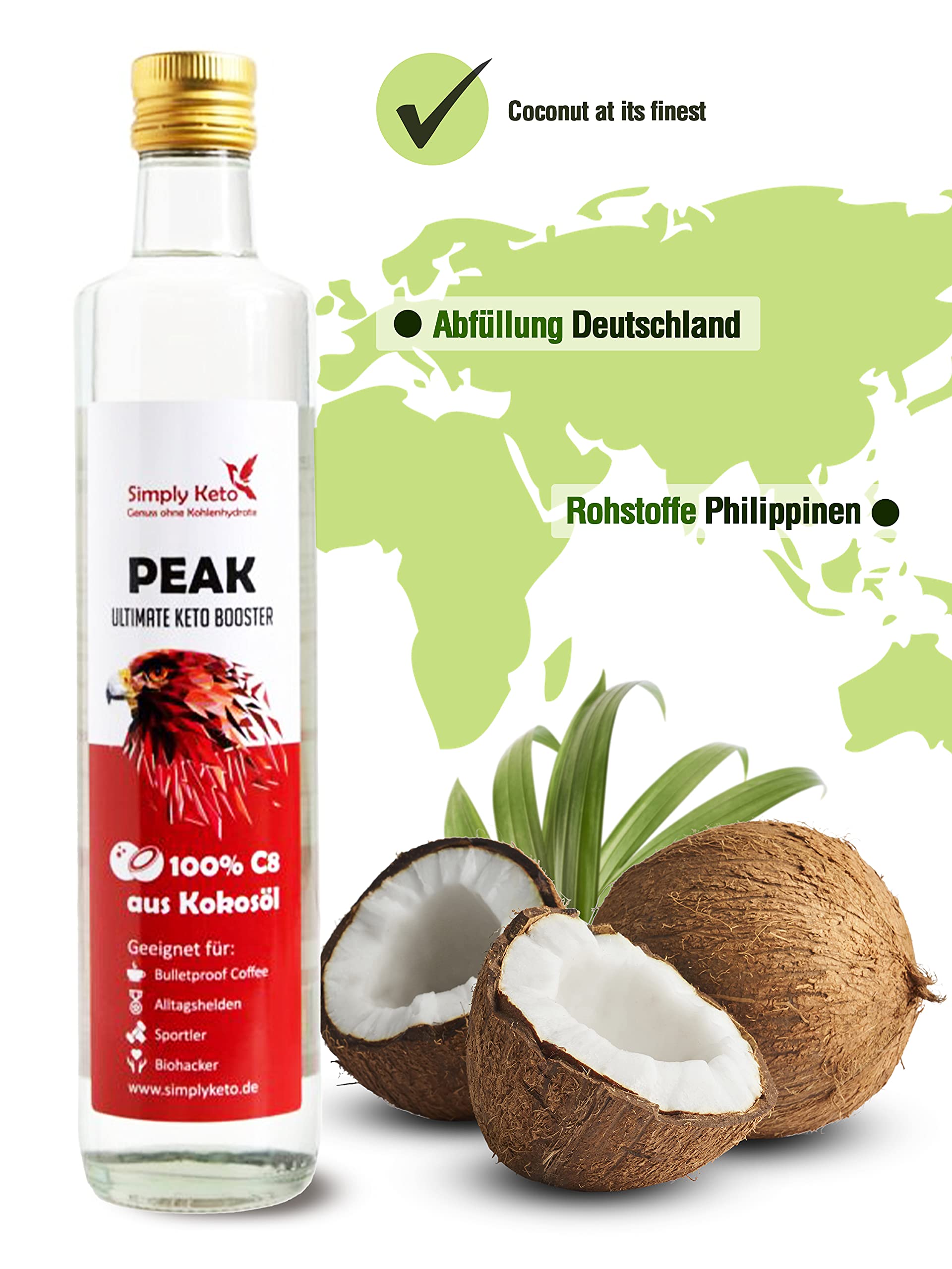 Simply Keto Peak C8 MCT Öl 500ml Kokos geschmacksneutral