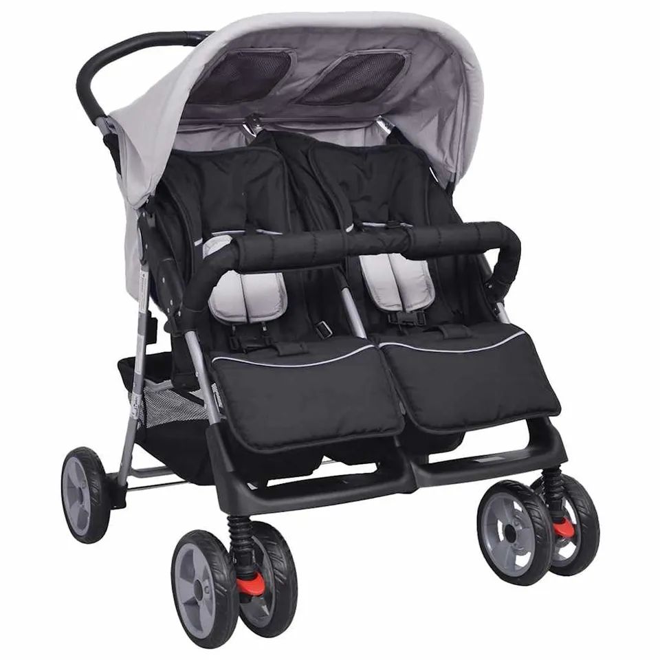 vidaXL Zwillingsbuggy Grau Klappbar Geschwisterwagen Doppelbuggy