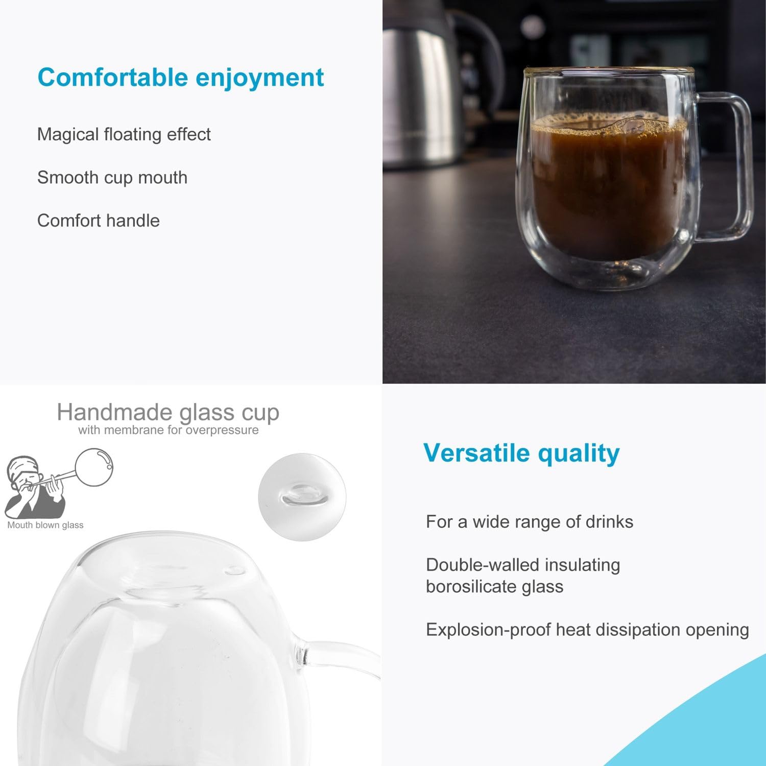 Intirilife Thermo-Gläser doppelwandig 150 ml 2 Stück mit Henkel