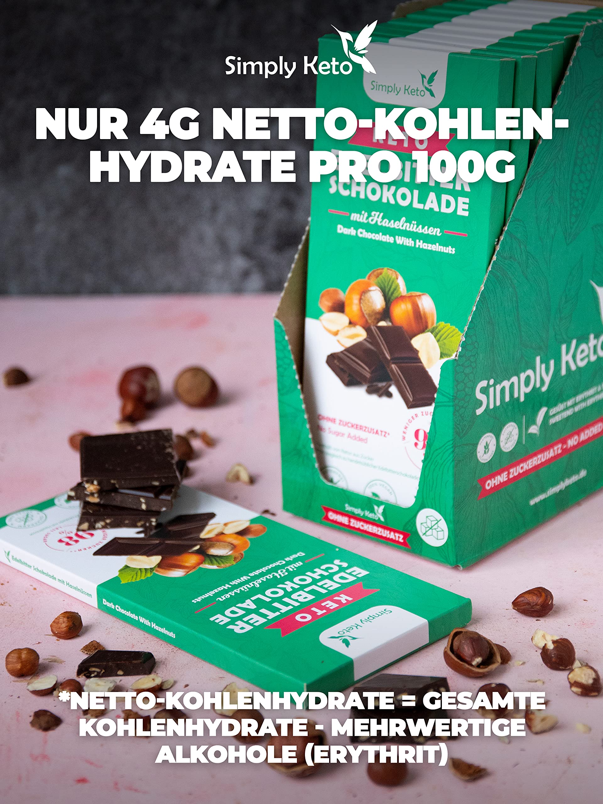 Simply Keto Edelbitter Haselnuss Schokolade ohne Zucker 60% Kakao