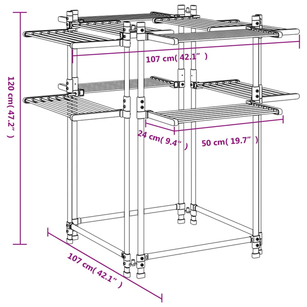vidaXL Wäschetrockner 107x107x120 cm Alu 2 Etagen 33 m silbern