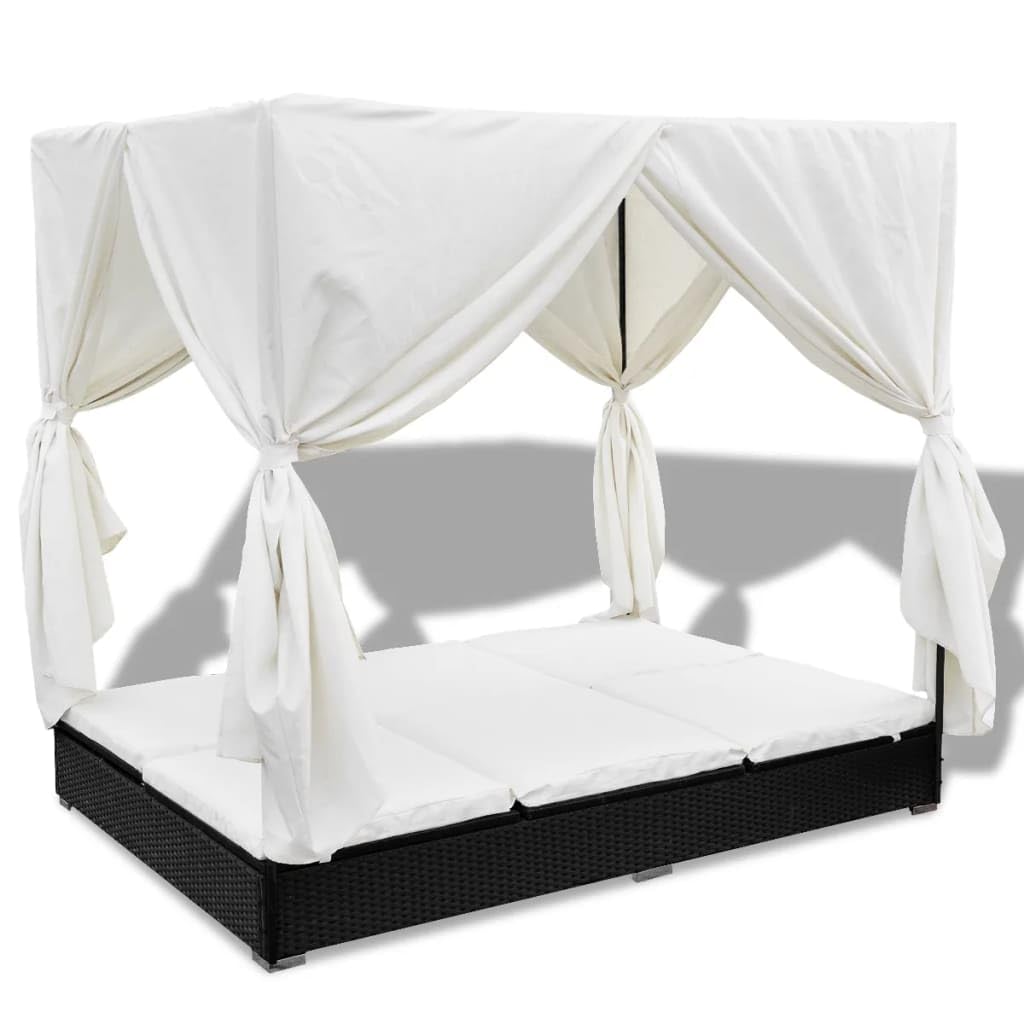 vidaXL Outdoor-Loungebett Poly Rattan Schwarz mit Vorhang