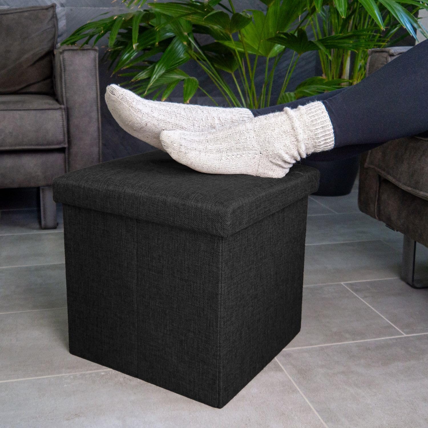 Intirilife Sitzhocker 38x38x38 Diamant Schwarz Sitzwürfel mit Stauraum