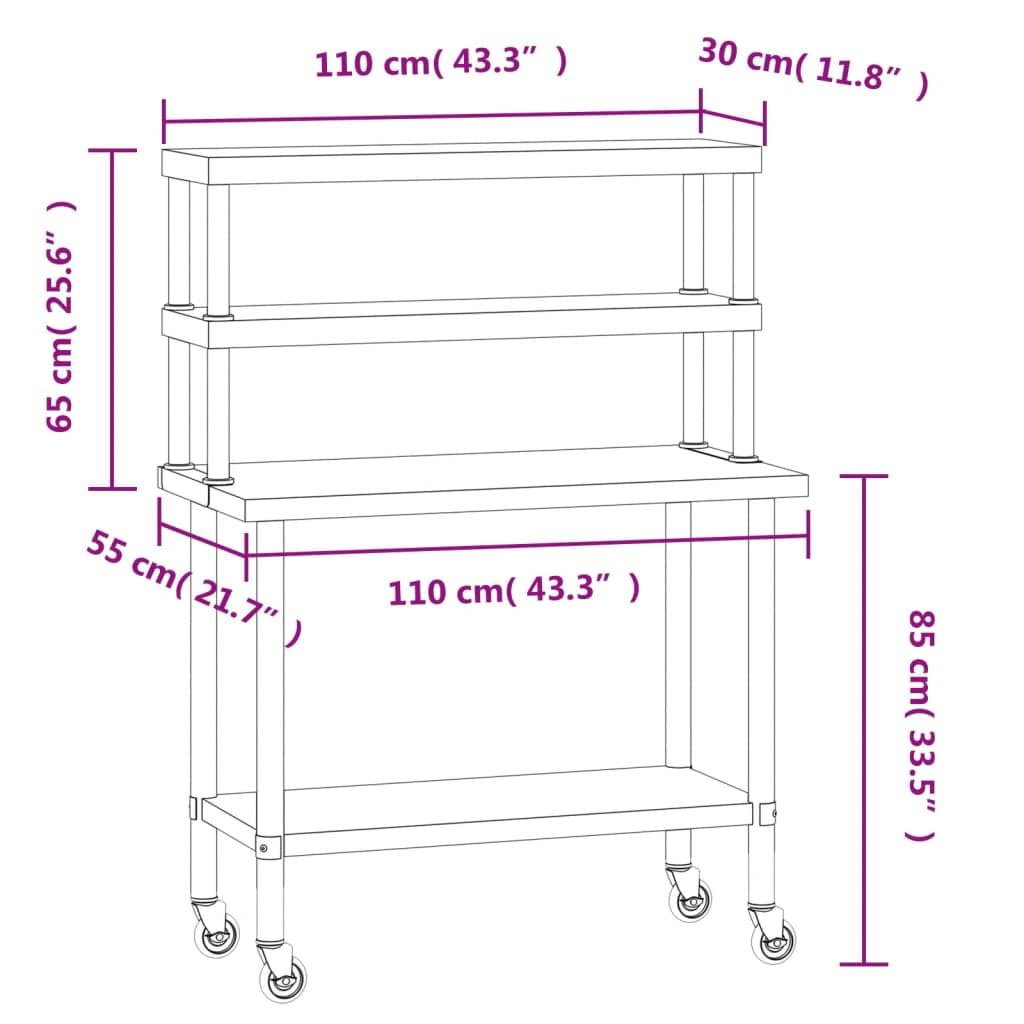 vidaXL Arbeitstisch 110x55x150 Edelstahl Rollen Board