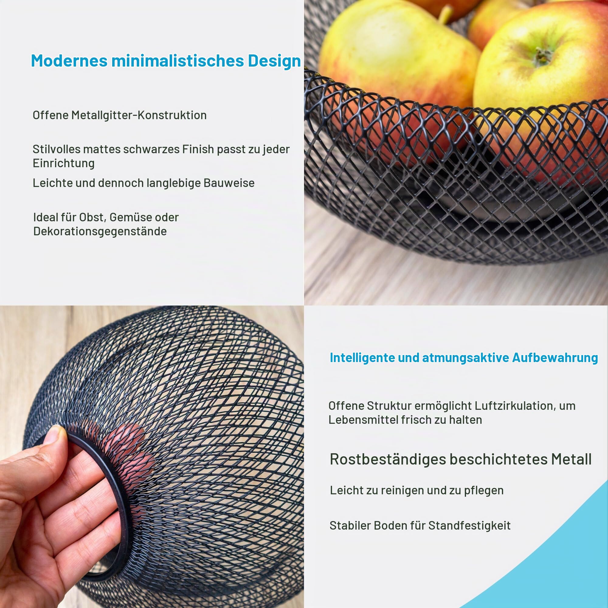 Intirilife Obstkorb Metall Schwarz rund 25x9,8 cm Mesh
