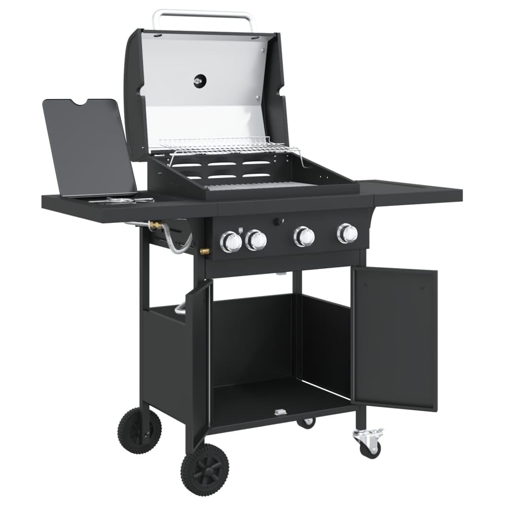 vidaXL Gasgrill 4 Flammen Schwarz Stahl mit Grillwagen