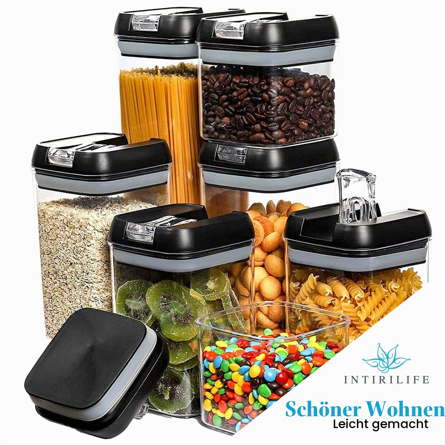 Intirilife Vorratsdosen Set schwarz 7-teilig luftdicht Box