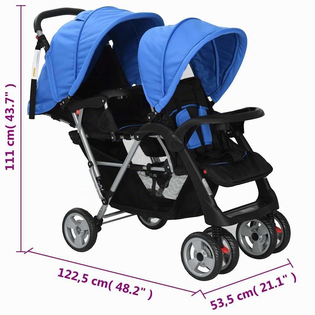 vidaXL Baby Tandem-Kinderwagen Stahl Blau für 2 Kinder