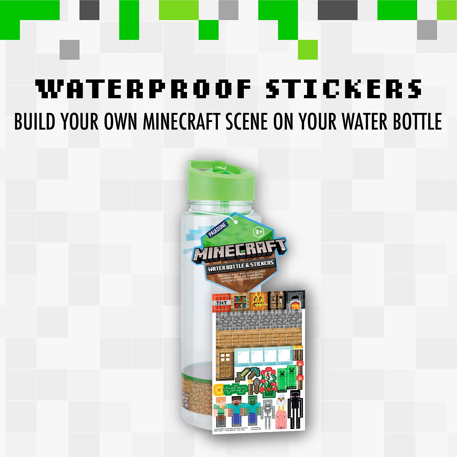 Paladone Minecraft Wasserflasche 600 ml mit Stickern Trinkflasche