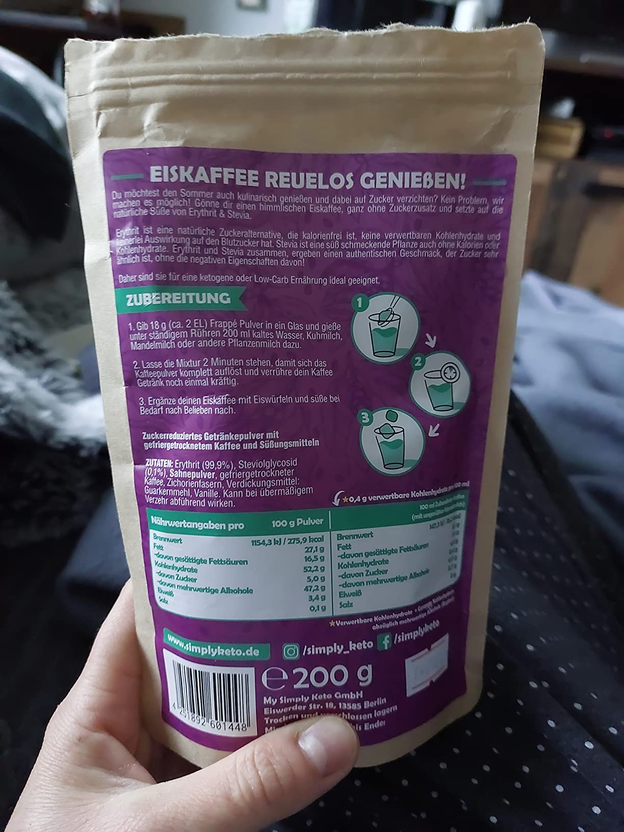 Simply Keto Frappé Eiskaffee Pulver 200g ohne Zucker