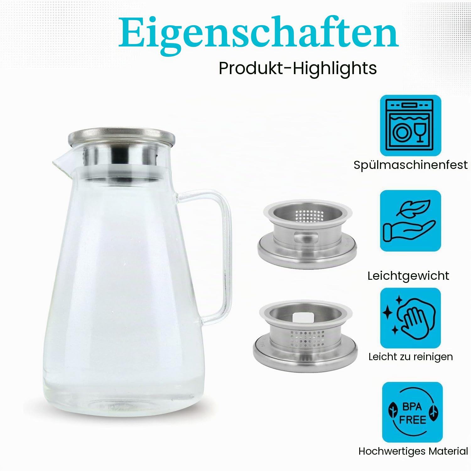 Intirilife Glaskaraffe 1500 ml Borosilikatglas Filterdeckel