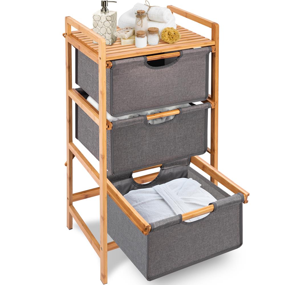 Serenelife Bathroom Wäschekorb Bambus 3 Fächer 44x33x96cm