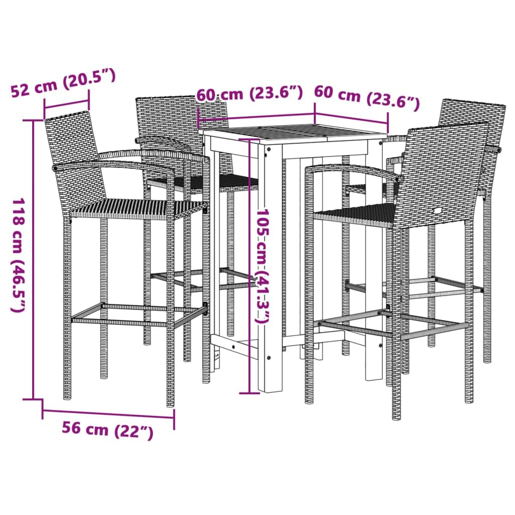 vidaXL Gartenbar-Set 5-TLG. Schwarz Akazie Poly Rattan Barset