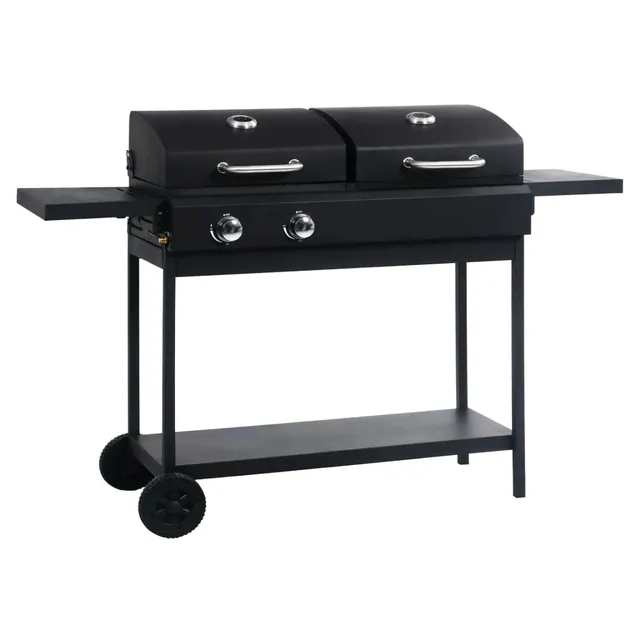 vidaXL Heim & Garten Gas-Holzkohle-Grill 2 Brenner mit Deckel