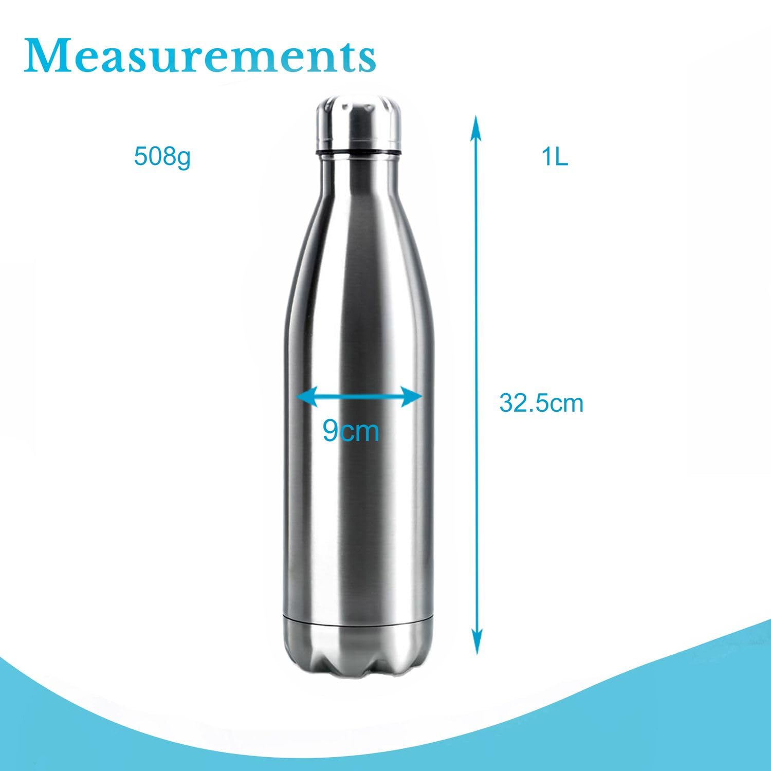 Intirilife Trinkflasche Edelstahl 1 Liter Silber Isolierflasche