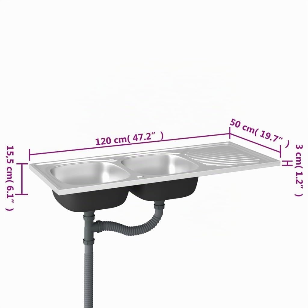 vidaXL Doppelspüle Edelstahl 1200x500mm Silber Abtropffläche