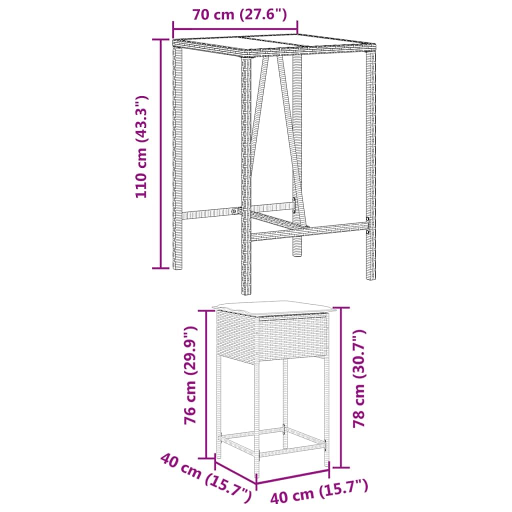 vidaXL Heim & Garten 3-tlg. Gartenbar-Set Braun Poly Rattan Kissen