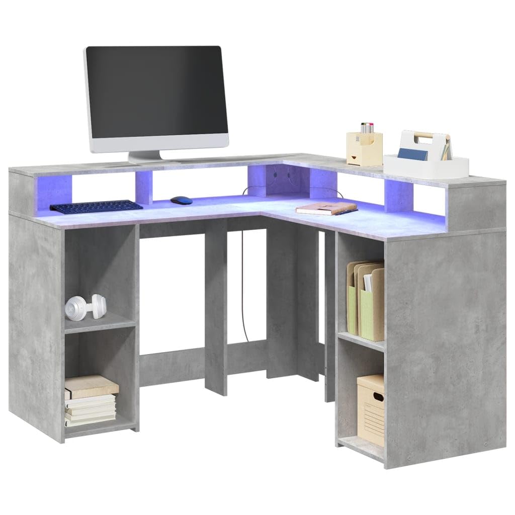 vidaXL LED-Schreibtisch 130x130 Eckschreibtisch Betongrau