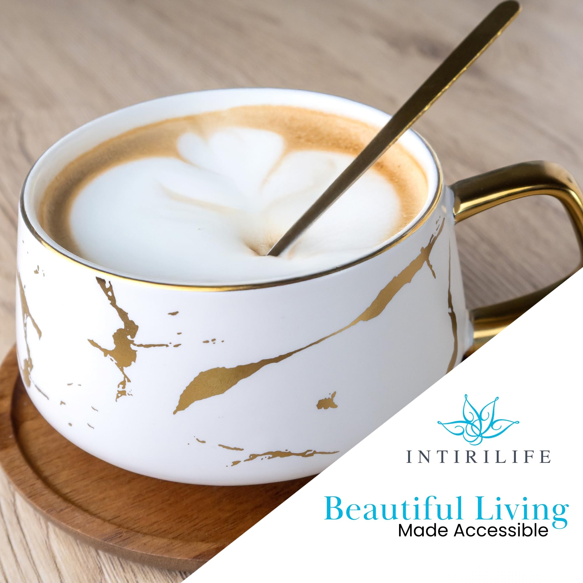 Intirilife Tasse Keramik Weiß Gold Marmor 300 ml mit Holzuntersetzer