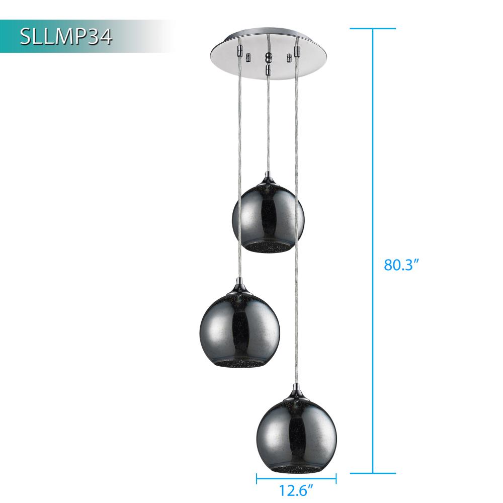 Serenelife Pendelleuchte 3-flammig Glas Chrom höhenverstellbar