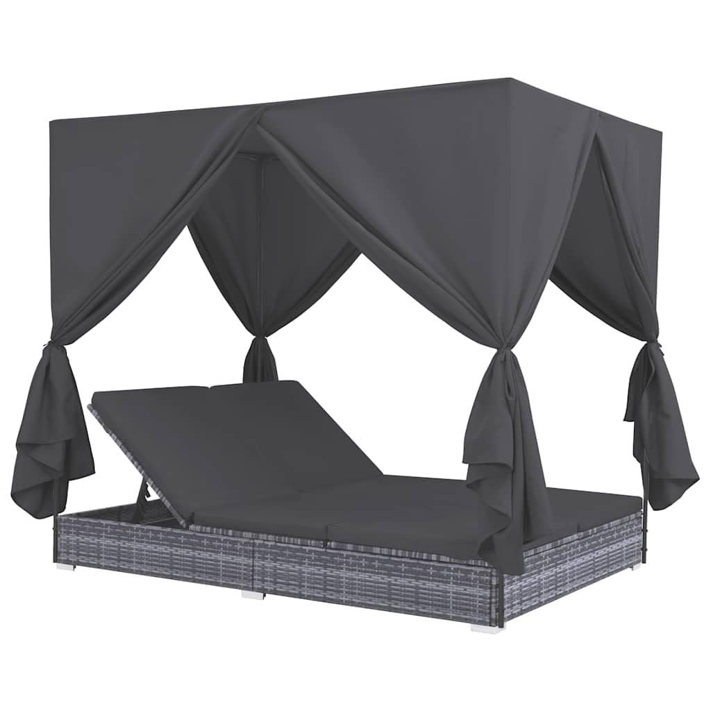 vidaXL Outdoor-Lounge-Bett Poly Rattan Grau Vorhänge verstellbar