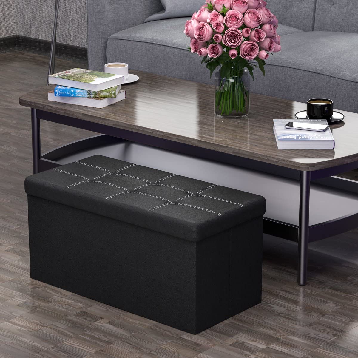 Intirilife Sitzbank 78x38x38 cm Sitztruhe Kunstleder schwarz