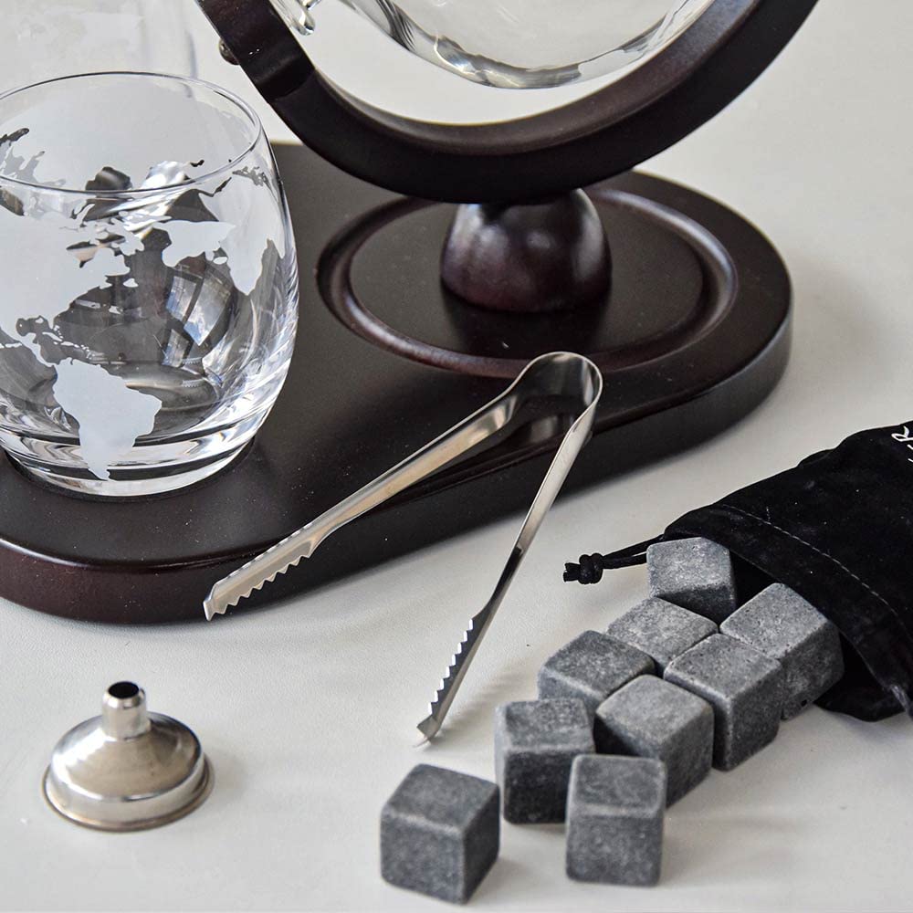 Mikamax Globe Decanter Whisky Karaffe 900 ml Set 2 Gläser Steine