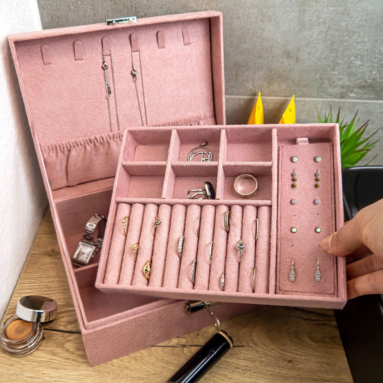 Intirilife Schmuckschatulle Rosa 2 Ebenen 23 cm abschließbar