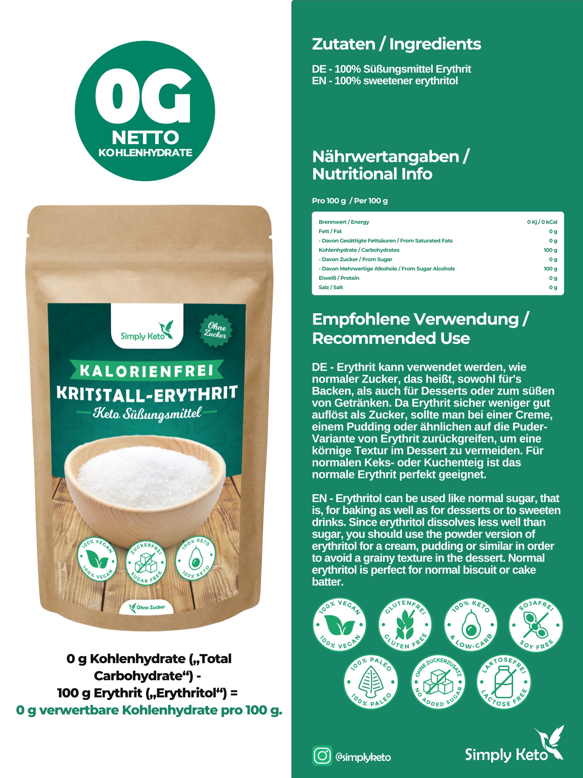 Keto Erythrit Zuckerersatz 1kg kalorienfrei vegan