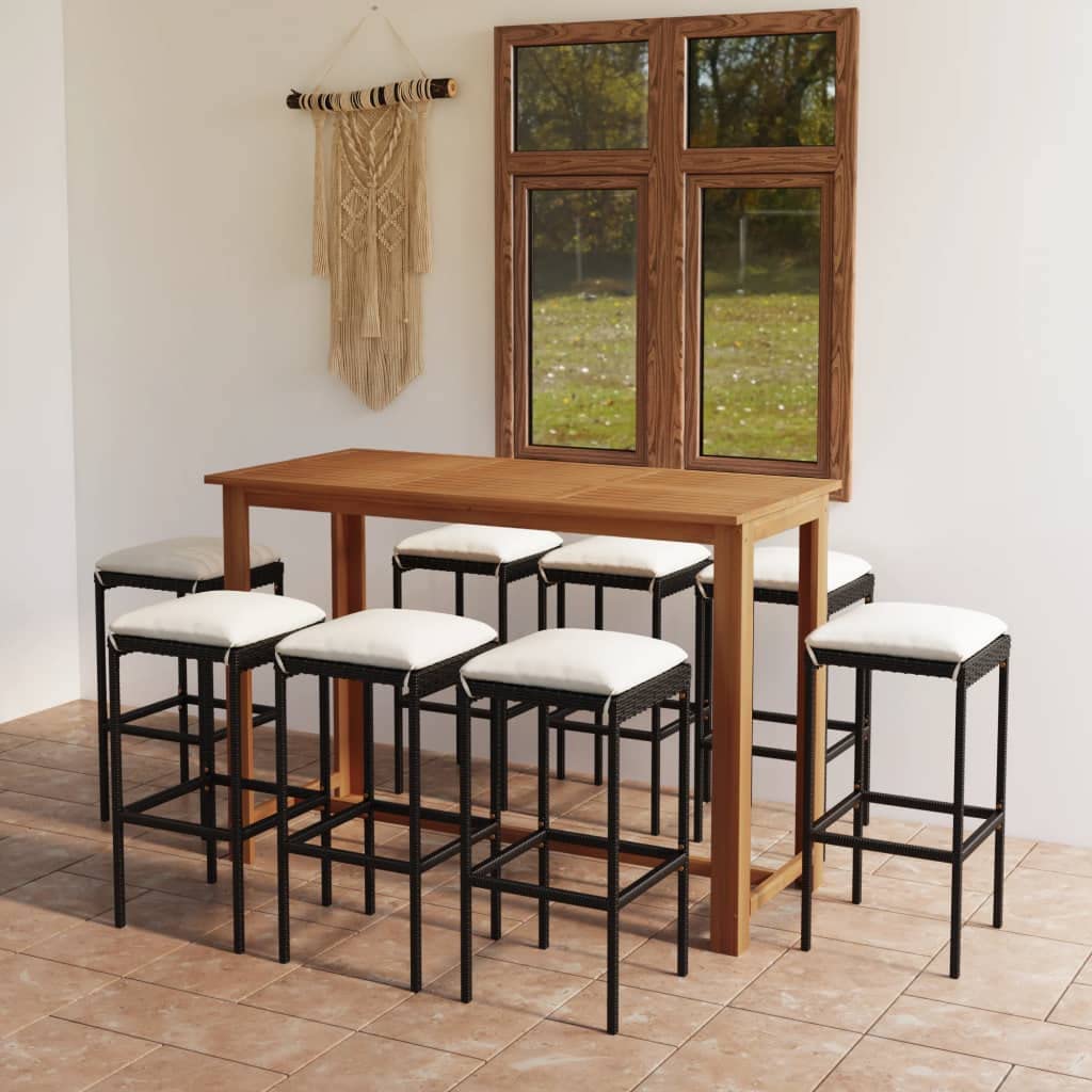 vidaXL Gartenbar Set 9-tlg Schwarz Akazie Rattan mit Kissen