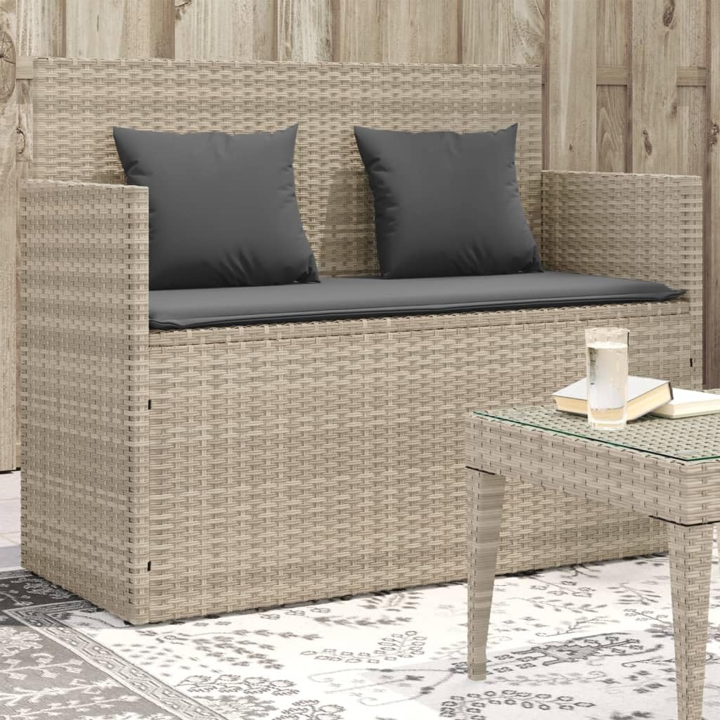 vidaXL Gartenbank Hellgrau Poly Rattan mit Kissen Stauraum