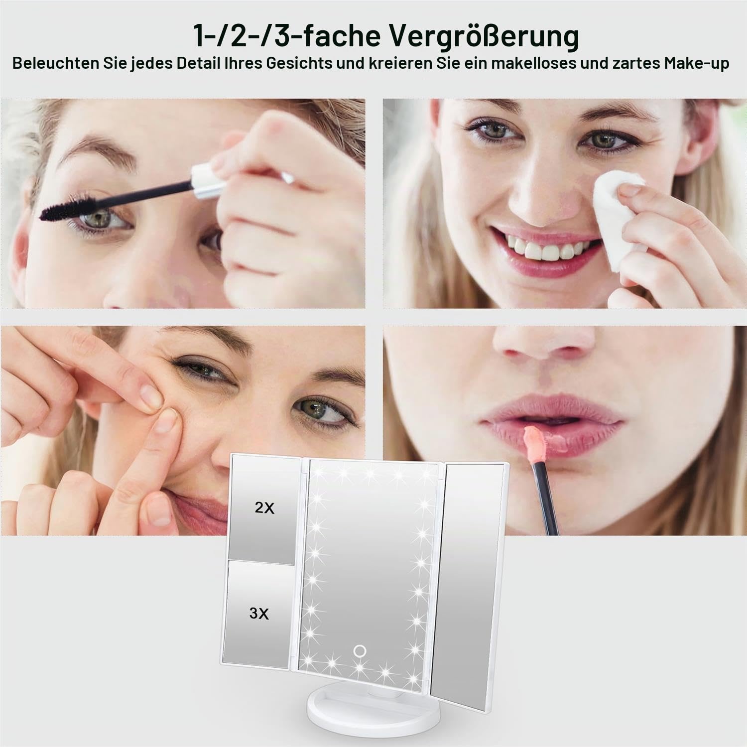Intirilife Schminkspiegel LED Weiß 1X/2X/3X Klappbar USB