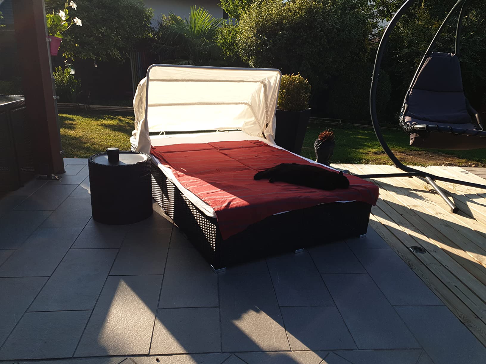 vidaXL Sonnenliege 2-Personen Poly Rattan Braun mit Dach