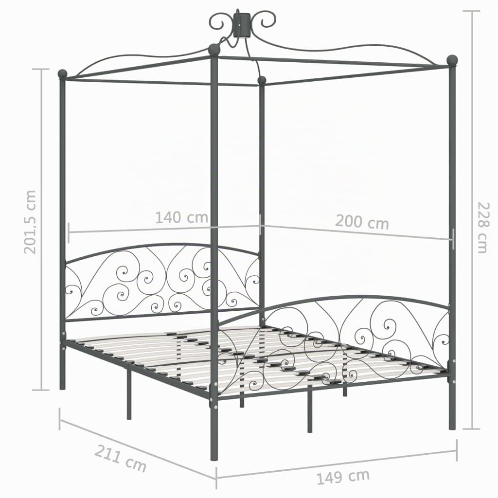 vidaXL Möbel Himmelbett 140x200 cm Metall Grau Lattenrost