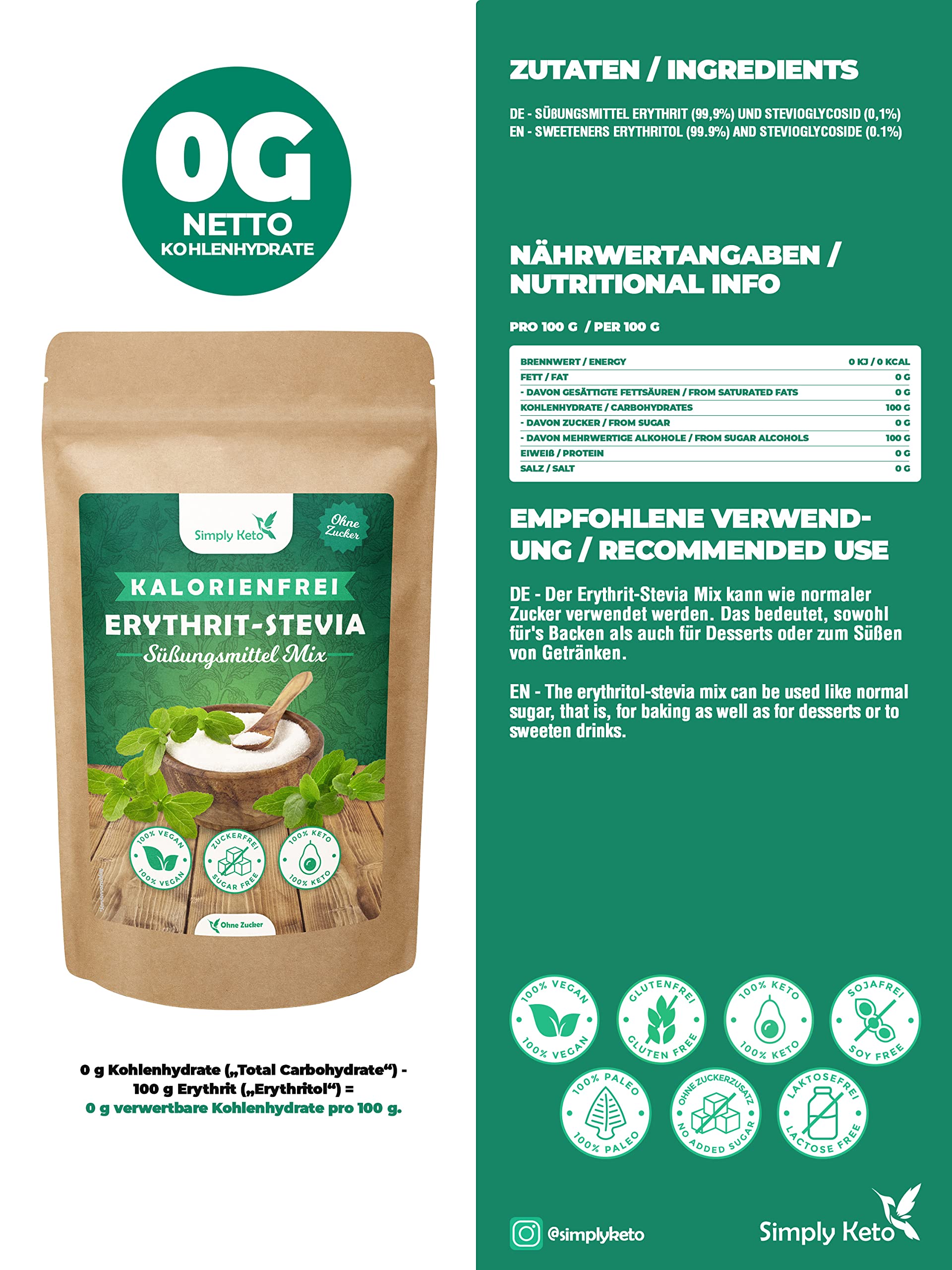 Simply Keto Erythrit Stevia Mix 400g Zuckerersatz 1:1